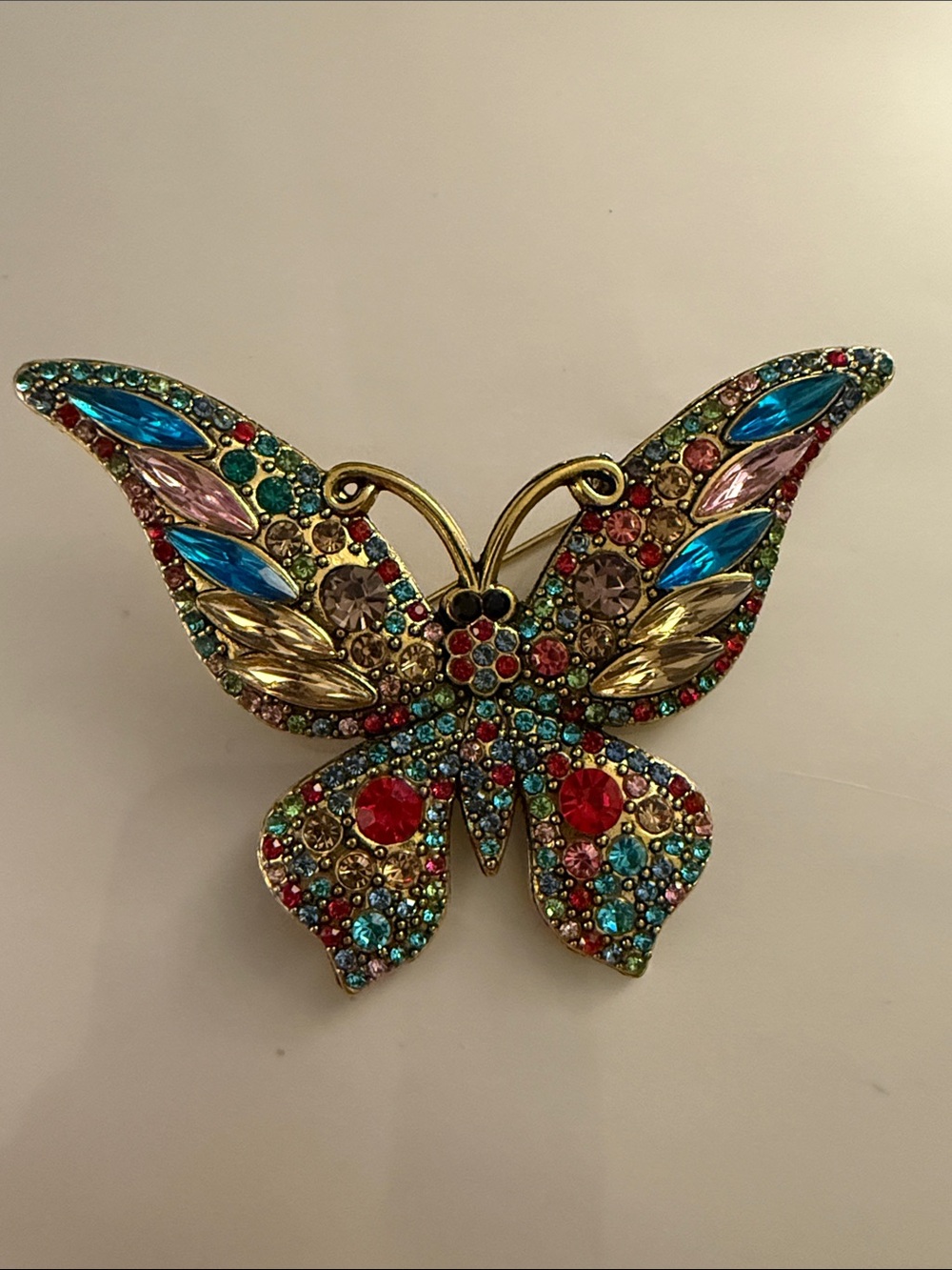 Multicolor Crystal Butterfly Brooch - Blue, Red & Gold Accents